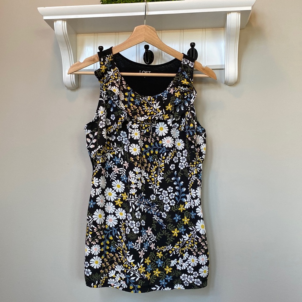LOFT outlet sleeveless top with flower print & flutter detail around neckline.